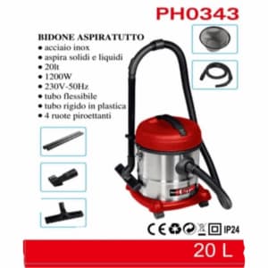 power-hit-bidone-aspiratutto-inox-1200w-20lt-solidi-liquidi-tubo-flessibile-ruote-accessori