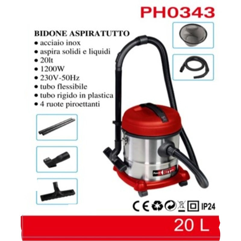 power-hit-bidone-aspiratutto-inox-1200w-20lt-solidi-liquidi-tubo-flessibile-ruote-accessori
