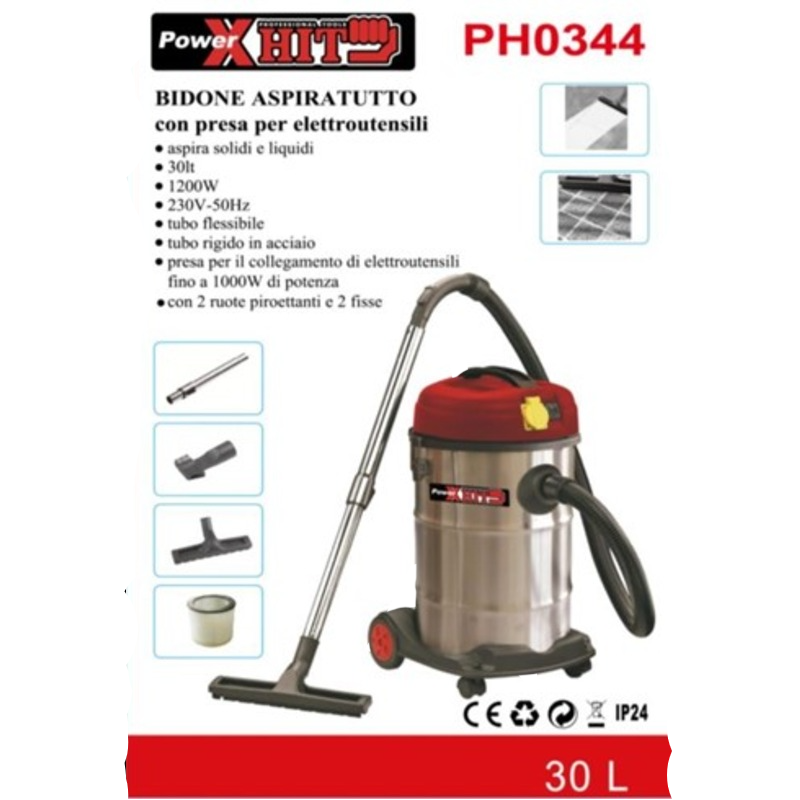 power-hit-bidone-aspiratutto-inox-1200w-30lt-solidi-liquidi-presa-elettroutensili-ruote-accessori